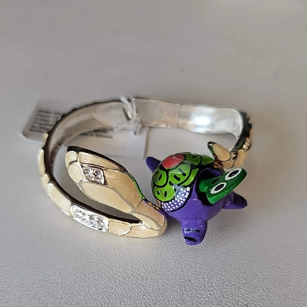 Elegant White Enamel Locking Snake Bracelet With Crystal Stones